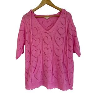 BIBI Pink Heart Pointelle Knit Hooded Sweater Top Size Small Short Sleeve Boho